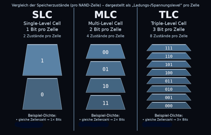 SSD als Single Level Cell, Multi Level Cell und Triple Level Cell. SSD als SLC, MLC und TLC